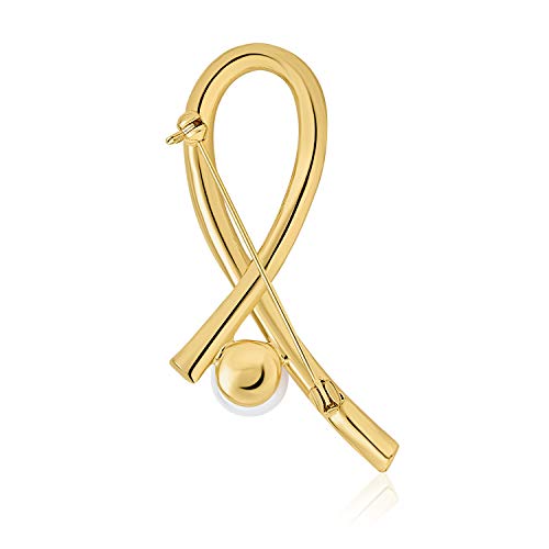 Image of Elegant White Simulated Pearl with Crystal Pave Pink Ribbon Breast Cancer Survivor Brooch Pin - Gold Plated Accent - Empowering Jewelry for Women