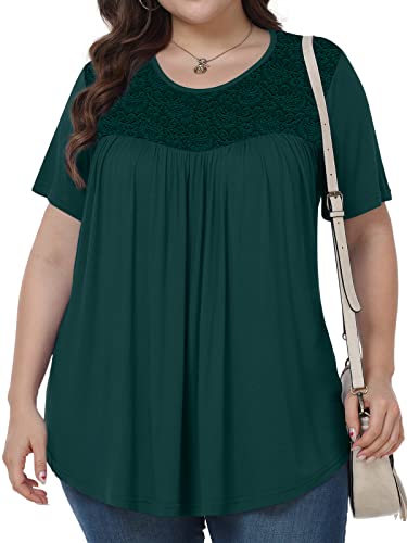 Tencede Women's Plus Size Tunic Tops Short Sleeve Shirts Summer Lace Pleated Blouses Dark Green 4Xl #TOP1
