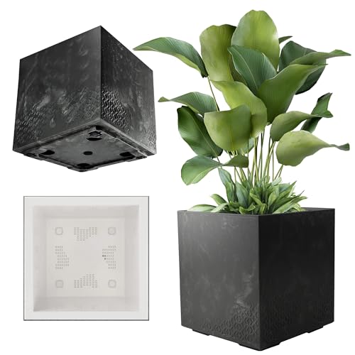KADAX Pflanzkübel aus Kunststoff, 39x39cm, 7 Farben, quadratischer Blumentopf, Blumenkübel mit Rollen, Übertopf, Pflanzkasten mit Abflusskorken (Betonoptik, Schwarz)