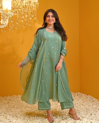 Image of GoSriKi Women's Rayon Viscose Embellished Anarkali Kurta with Pant & Dupatta