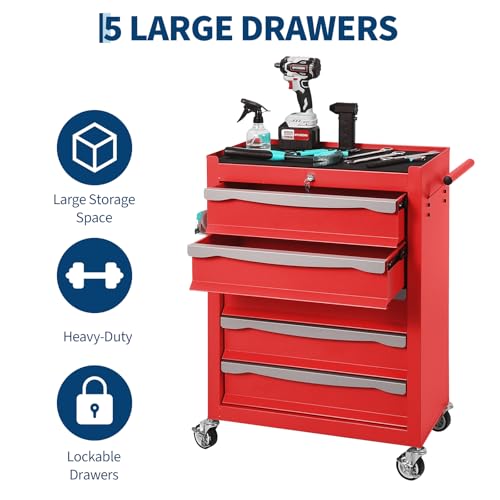 SierraSquad 5-Drawer Rolling Tool Chest with Lock, Tool Cabinet on Wheels, Includes Drawer Liners, Latch System & Link Buckle,Can Be Combined to Large Cabinet Set for Garage Workshop Storage, Red