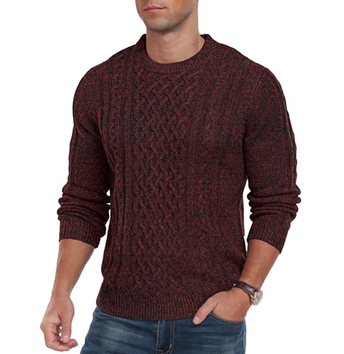 Hisir Men's Cable Knit Jumpers Casual Crew Neck Winter Thick Warm Long Sleeve Pullover Sweater for Men UK (Wine Red, L)