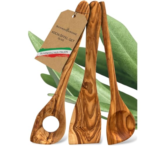 SCHWERTKRONE® Ensemble de Cuillères en Bois [EN BOIS D'OLIVIER ITALIEN] - Cuillère de Cuisine en Bois - Spatule en Bois - Cuillère de Cuisine en Bois Olive...