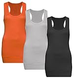 hempje of hemdje Ca. 70 cm lang Muse 3x Damen Tanktop Racerback - Beach Top - Tank Tops - 3er Pack Ringertop - Ringerrücken - Longtop - Trägertop - TShirt - 3er Pack - Schwarz + Weiss + Neon Orange - Gr. 36-38 (S-M)