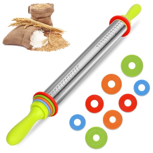 Rodillo de acero inoxidable – 61 cm – Rodillo de acero inoxidable con espaciador para espesores de masa, rodillo con mango, rodillo ajustable, accesorio para hornear pizza, pastelería y galletas