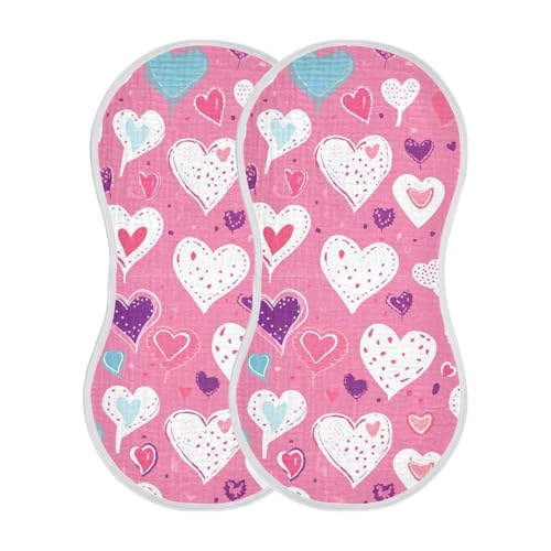 2 Pack Baby Burp Cloths, Soft Absorbent Burping Cloths for Babies, Cotton Milk Spit Up Rags, Large Size for Newborns, Baby Boys and Girls (Valentine Heart Pink)