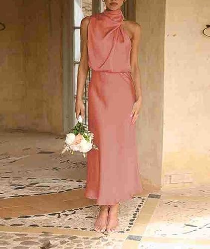 Image of Sexyshine Women's Elegant Halter Tie Neck Sleeveless Satin Long Dress Backless Split Cocktail Party Formal Wedding Maxi Dress