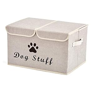 Geyecete Large Foldable Storage Cubes – Linen Fabric Boxes with Lid & Handles for Dog Apparel, Toys & Accessories (Beige)