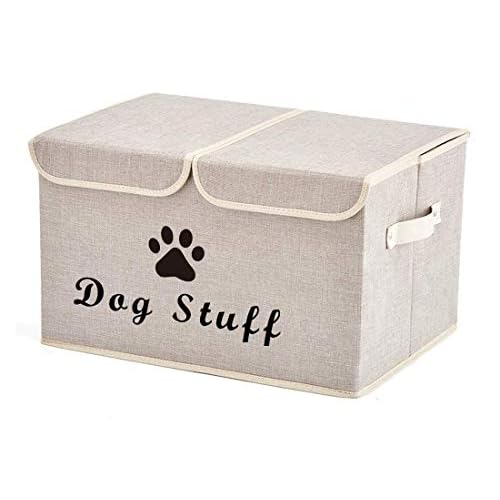 Geyecete Large Foldable Storage Cubes – Linen Fabric Boxes with Lid & Handles for Dog Apparel, Toys & Accessories (Beige)