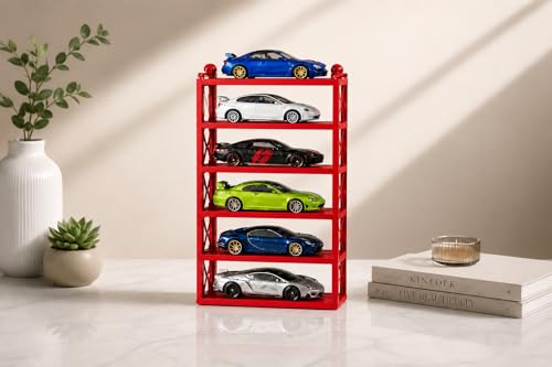 Image of 6-Car Display Rack - Premium Matte Black Tabletop Organizer with Tire Slots & Side Guards for 1:64 Scale Diecast Cars (Hot Wheels, Matchbox, Tomica,)(NO CAR INCLUDED) (Red)