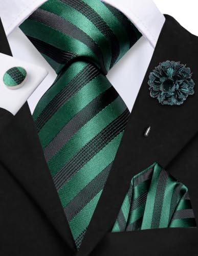 Image of Hi-Tie Men Silk Ties Set with Flower Lapel Pin Necktie Pocket Square Cufflinks for Tuxedo Wedding Business