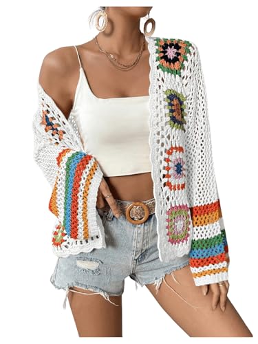 Image of SHENHE Women's Floral Crochet Cardigan Hollow Out Open Front Long Sleeve Cardigan Sweater
