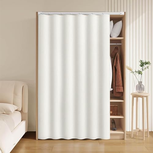 Koncey Cortinas Antipolvo para Gabinetes, Cortinas para Armarios Sin Puertas, Privacy Cortina De Estantería con Rieles Deslizantes, No Requiere Perforación(Off-White,W 120 x H 150 CM)