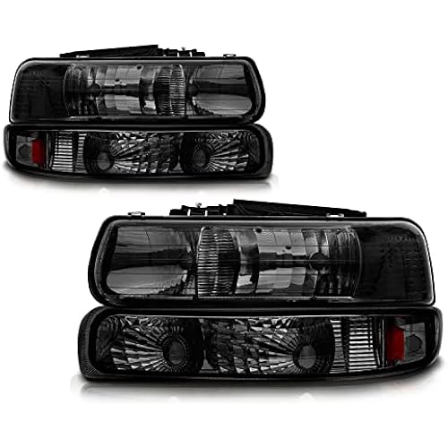 Headlight Assembly Compatible with 1999-2002 Chevy Silverado 1500 2500/2000-2006 Suburban 1500 2500 Tahoe, Headlamps with Bumper Lights, Fit OE Grill (Smoke Lens Amber Reflector)
