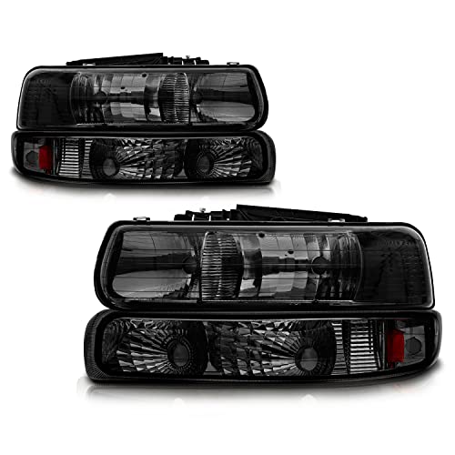 Cxdar Headlight Assembly Compatible with 1999-2002 Chevy Silverado 1500 2500/2000-2006 Suburban 1500 2500 Tahoe Headlamps with Bumper Lights Fit OE Grill (Smoke Lens Amber Reflector)
