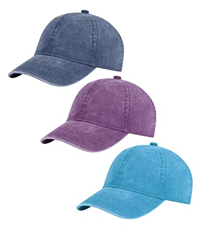 AOSMI 3 Pack Vintage Washed Cotton Adjustable Baseball Caps for Men Women Unstructured Low Profile Plain Classic Dad Hat, Navy Purple Cyan, Medium-Large