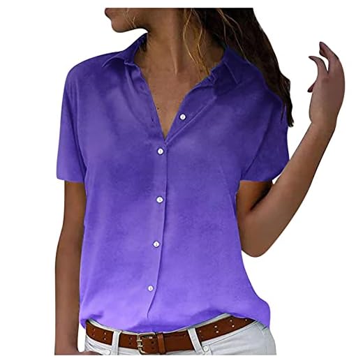 Button Up Shirts Women Short Sleeve Trendy Gradient Color Plus Size Collared Tops Summer Casual Hawaiian Blouse (X-Large, Purple 01)
