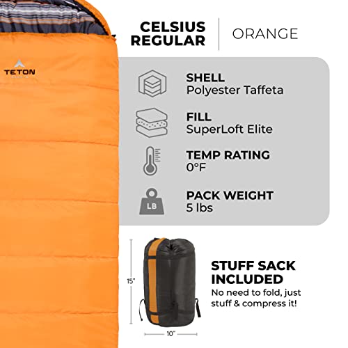 Teton Sports Celsius Regular Sleeping Bag; Great For Family Camping , Orange Poly Liner, 80 X 33-Inch, Right #TOP2