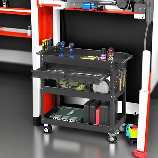Miniatura 5 de Carrito de herramientas rodante de 3 niveles con cajones, carrito de herramientas mecánicas de capacidad de 400 libras con ruedas, carrito de