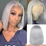 Smartinnov Grey Bob Wigs Human Hair 13x4 Lace Front Wigs Glueless Brazilian Remy Hair Straight for Women 8 Inch Pre Plucked Natural Hairline 180% Density Grey HD Lace Frontal Short Bob Wigs