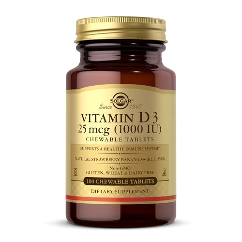 Solgar Vitamin D3 (Cholecalciferol) 25 mcg (1000 IU), Natural Strawberry Banana Swirl - 100 Chewable Tablets - Non-GMO, Kosher - 100 Servings Solgar Vitamin D3 (Cholecalciferol) 25 mcg (1000 IU), Natural Strawberry Banana Swirl - 100 Chewable Tablets - Non-GMO, Kosher - 100 Servings