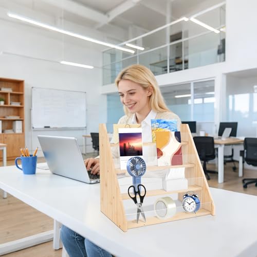 ASSRECT 4-stöckiger Kartenständer aus Bambus & Acryl | Präsentationsständer für Grußkarten, Postkarten & Schmuckkarten | Tragbarer Tischdisplay für Theke, Einzelhandel, Büro und Zuhause