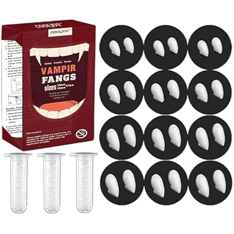 COOLJOY 12 Pairs Vampire Teeth Fangs 4 Size with Adhesive Halloween Party Cosplay Props Horror Fake Teeth Props Party Favors Masquerade Costume Accessories Gift Cover