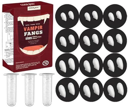 COOLJOY 12 Pairs Vampire Teeth Fangs 4 Size with Adhesive Halloween Party Cosplay Props Horror Fake