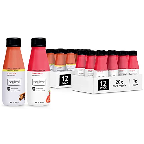Soylent Complete Nutrition Gluten-Free Vegan Protein Meal Replacement Shakes, Cafe Chai (14 Oz, 12 Pack) and Strawberry (14oz, 12 Pack)