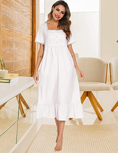 Halcyeen Teens Soft Embroidered Cotton Nightgowns Women Lace Cuffs Square Collar Night Dress White Xxl #TOP2