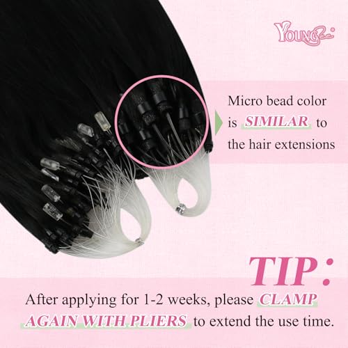 Image of YoungSee Micro Bead Hair Extensions Real Human Hair Black Microlink Hair Extensions Human Hair Jet Black Microbead Hair Extension 16 Inch 50s /57g Micro Ring Hair Extension for Wedding