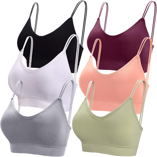 BQTQ 6 Stücke Bralette Damen V Hals Cami BH Schlafen Bralettes für Frauen(Schwarz, Weiß, Grau, Rosa, Grün, Violett) M