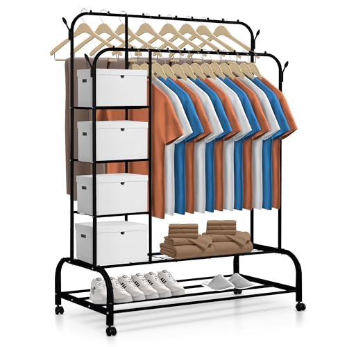 JUPPLIES Burro Ropa Resistente con Ruedas con Bloqueo y Estantes (110x56x160 cm, MAX 30 kg) – Perchero Burro Metálico con 2 Barras, 4 Estantes Laterales, Colgadores y Zapatero Doble (Negro/Blanco)