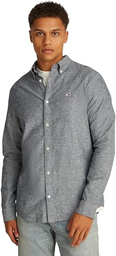 Tommy Jeans Camisa Hombre Linen Blend Regular Fit, Azul (Dark Night Navy), S