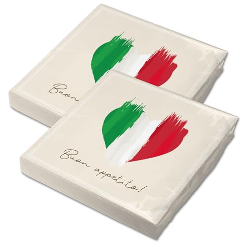 itenga Buon Appetito Lot de 40 serviettes en papier 3 couches Motif drapeau italien Cœur 30 x 30 cm