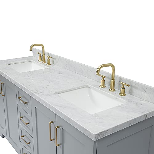 Ariel 73" Inch Grey Double Vanity With 1.5" Inch Thick Edge Italian Carrara White Marble Countertop | Rectangle Sink | 4 Soft-Closing Doors | 6 Full Extension Dovetail Drawers | #TOP3