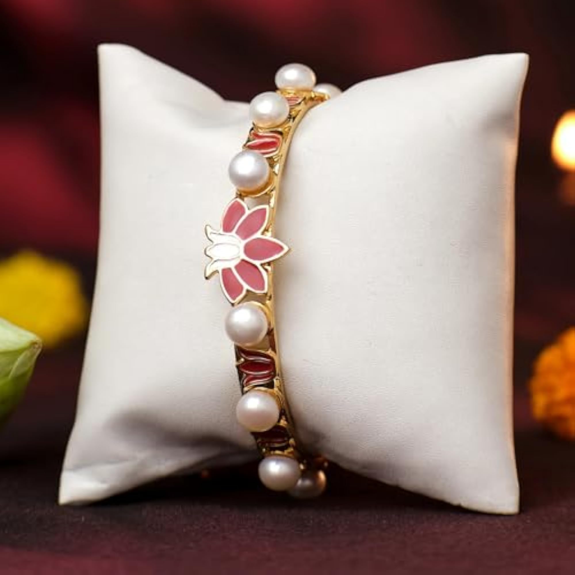 Exquisite Gold Plated Red Lotus Pearl Cuff Bracelet