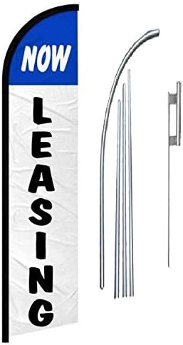 OnPoint Wares Now Leasing Pack of 2 Windless Flags | 30" x 138" Multicolored Polyester Feather Flags | Outdoor Signage with Aluminum Pole Set