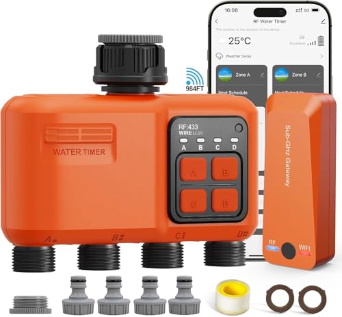 Programmatore Irrigazione WiFi 4 Zone, Controllo Remoto via App 300m, Compatibile Alexa Google, Timer Acqua Intelligente per Giardino con Ritardo Pioggia e Modalità Manuale