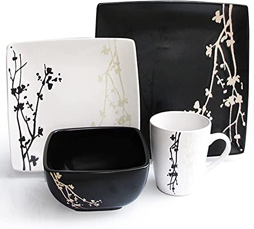American Atelier 6027-16bw Twilight Blossom 16-Piece Dinnerware Set, Black