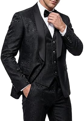 Hihawk Men's Floral Suit Set - 3 Piece Paisley Slim Fit Jacket, Vest, and Pants with Bow Tie for Wed...