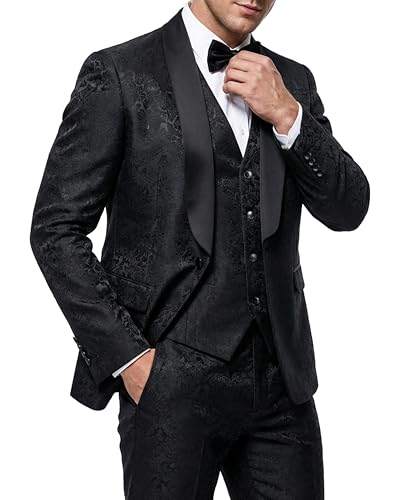 Hihawk - Hihawk Men's Floral Suit Set - 3 Piece Paisley Slim Fit Jacket, Vest, and Pants with Bow Tie for Wedding and Prom - Black (25% Off Amazon Deal)