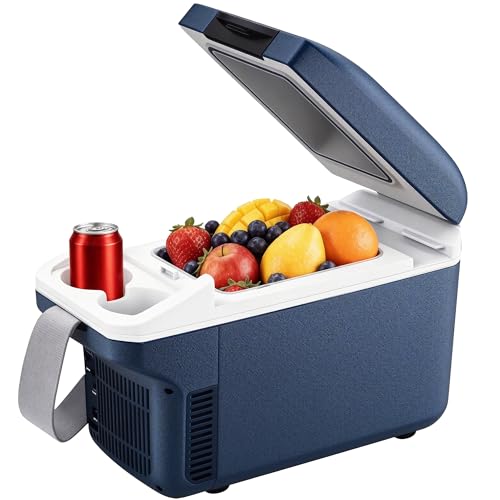Image of Electric Cooler, 8 Liter /11 Cans Type-C Mini Fridge with Belt (Blue) | Power Bank Supported Portable Car Refrigerator, Dual-use Car Fridge for Picnic, Travel, Outdoor, Camping, Home, Gift