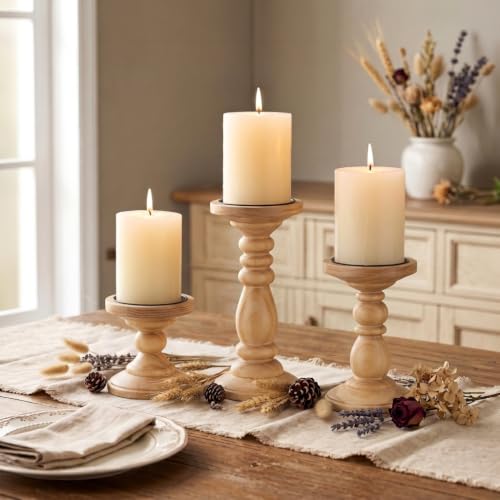 Inweder Wood Pillar Candle Holder: Rustic Light Brown Candle Stand