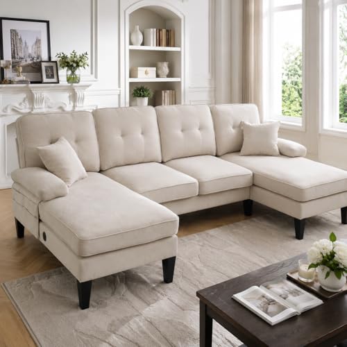 Sofá de 4 plazas en forma de U beige con doble chaise longue y cojines de lino 4