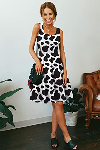 Image of uideazone Women Funny Print Sleeveless U Neck A Line Casual Midi Dress | Soft Stretchy Breathable Fabric Flared Swing Sundress Fitted Waist for Daily Wear 80 /90s Themed Party Beach Vacation Trips