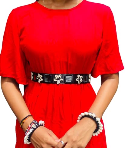 Aikya Mirror Work Belt Kandora Kamarbandh Kamarpatta Saree Chaniya Choli For Women (Black Belt With Mirror & Shells)