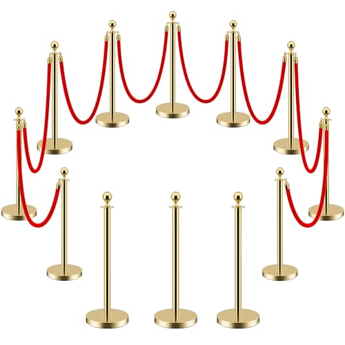 Image of LOVMOR 12Pcs Gold Stanchion Posts Queue with 8pcs Red Velvet Rope, Crowd Control Barriers Queue Line Rope, Crowd Control Stanchion for Party Supplies
