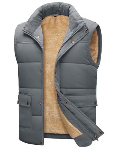 Xnova Weste Herren Winter Gefütterte Thermo Sherpa Ärmellose Fleeceweste Winterjacke Winterweste Jagdweste Arbeitsweste Futter Outdoor Jacke Warmer Westen mit Stehkragen(Grau, M)