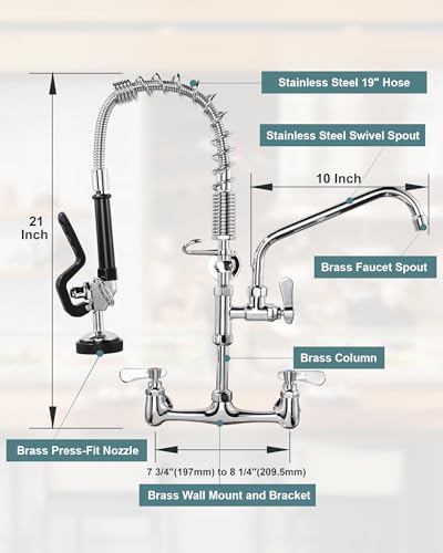 Image of 21 inch Height Commercial Faucet Wall Mount with Sprayer 8 inch Adjustable Center 10 inch Swing Spout, Kitchen Sink Faucets with Pull Down Pre-Rinse Sprayer for Restaurant Industrial Kitchen, Chrome